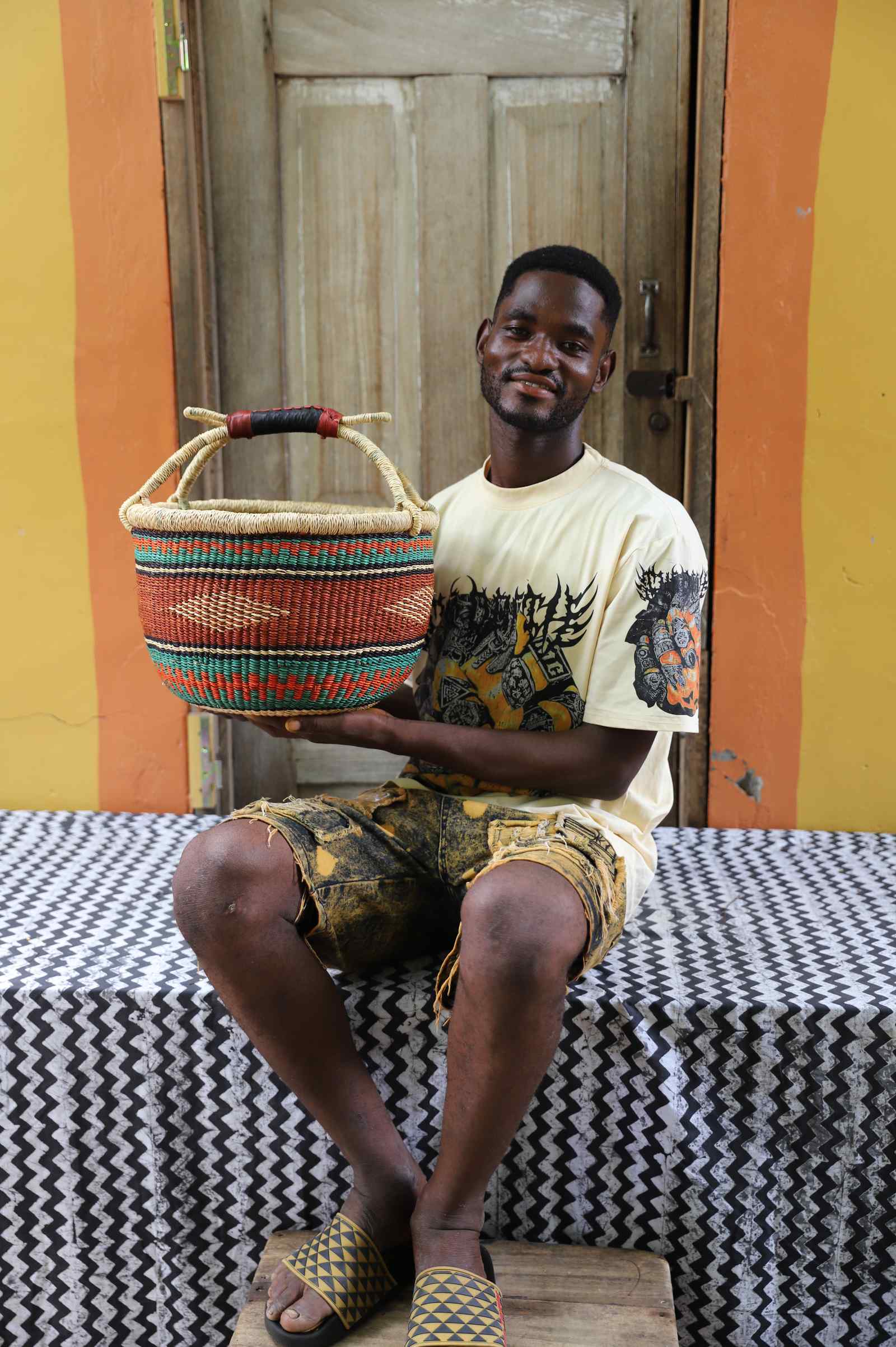 Handwoven Bolga basket in elephant grass, round form scaled for a market run.